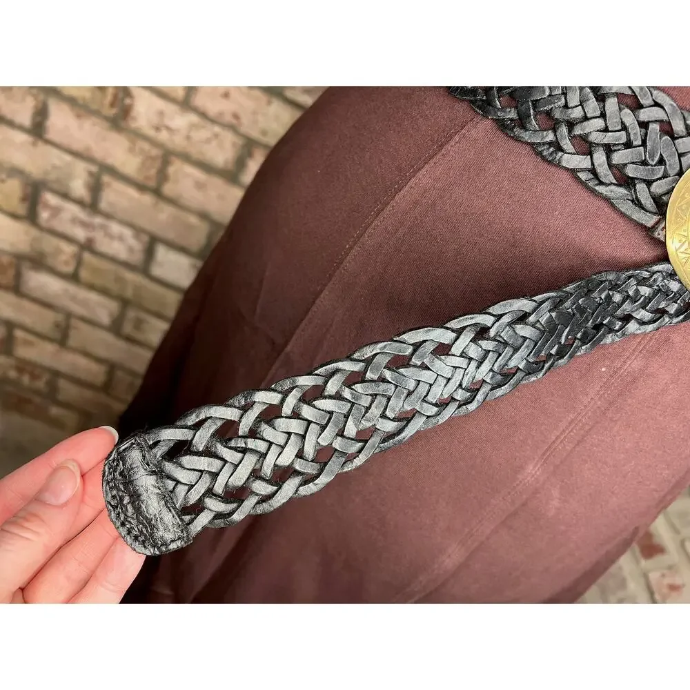 belt split leather black braided goldtone buckle stone western